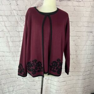 vtg segue Womens L Burgundy Sweater cardigan Black Trim office embroidered